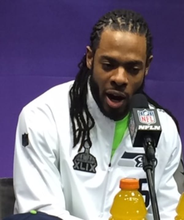 Richard Sherman on media day at the Super Bowl. (By D. Orlando Ledbetter/DLedbetter@ajc.com)