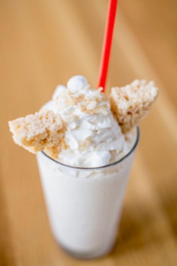 At the Cowfish, the marshmallow crispy treat features Rice Krispies and mallow cream, blended with vanilla bean ice cream and topped with crispy rice treats.