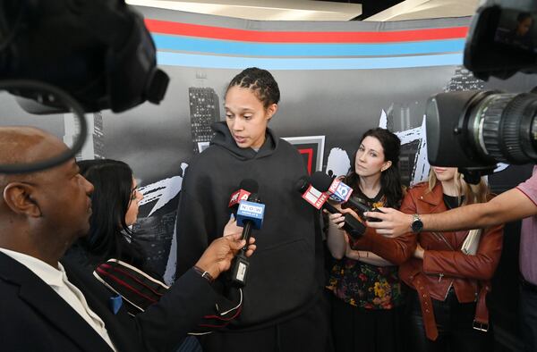 Brittney Griner of the Dream speaks to media members earlier this week.