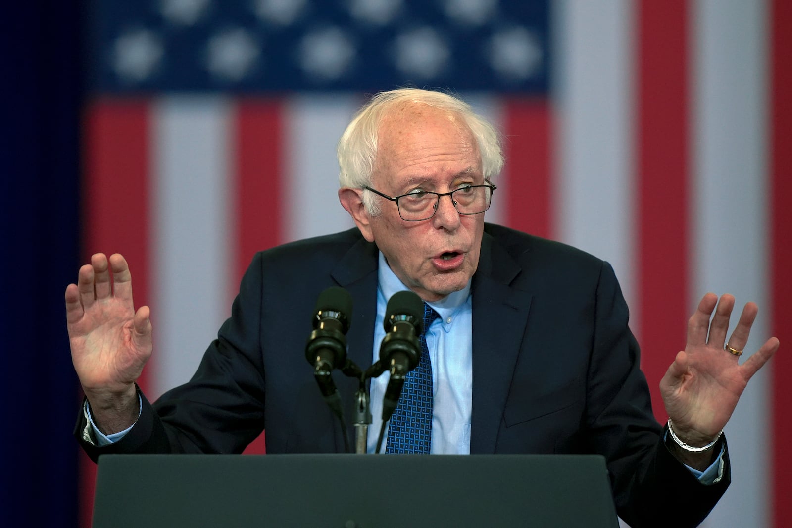 Sen. Bernie Sanders, D-N.H., speaks before President Joe Biden arrives to deliver remarks on lowering the cost of prescription drugs, at NHTI Concord Community College, Tuesday, Oct. 22, 2024, in Concord, N.H. (AP Photo/Steven Senne)