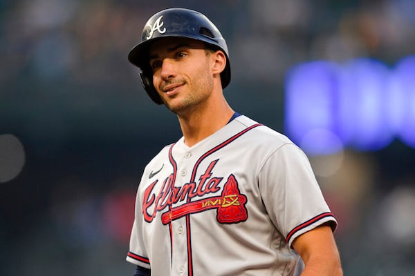 Atlanta Braves' Matt Olson during the first inning of a baseball game against the against the Seattle Mariners after hitting a single, Friday, Sept. 9, 2022, in Seattle. The Braves won 6-4. (AP Photo/Caean Couto)