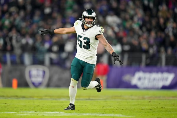 Philadelphia Eagles linebacker Zack Baun reacts after a play against the Baltimore Ravens during the second half of an NFL football game, Sunday, Dec. 1, 2024, in Baltimore. (AP Photo/Stephanie Scarbrough)