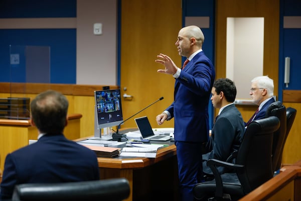 An attorney representing the State Election Board, Robert Thomas, speaks during a Fulton County Superior Court hearing on Tuesday, October 15, 2024. Cobb County’s election board sued the State Election Board over the rules, arguing that they’re unreasonable and exceed the board’s authority.
(Miguel Martinez / AJC)