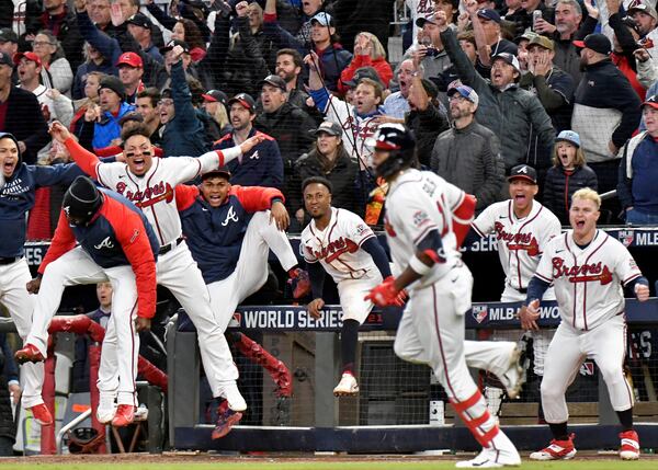 The Braves dugout goes bonkers after a Jorge Soler homer in Game 4 of the 2021 World Series.