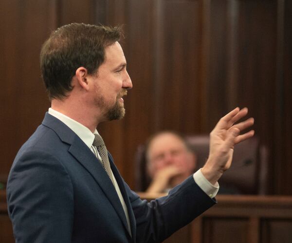 Prosecutor John Fowler makes his opening statement to the jury Tuesday, Jan. 28, 2025, in Brunswick, Ga., in the trial of former Brunswick Judicial Circuit District Attorney Jackie Johnson who is accused of obstruction of justice and violating her oath of office. (Terry Dickson/AP Pool)