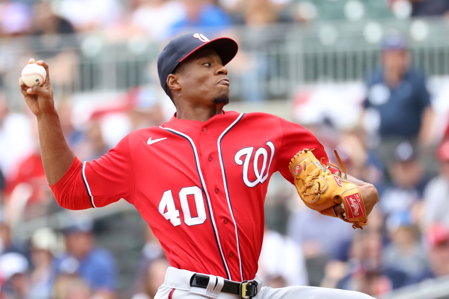 Nationals pitcher Josiah Gray delivers against the Braves on Wednesday at Truist Park. (Miguel Martinez / miguel.martinezjimenez@ajc.com)