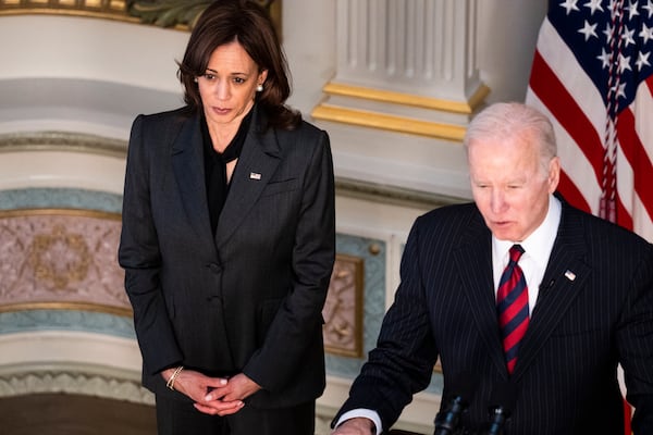 Vice President Kamala Harris with President Joe Biden, who announced his reelection bid on Tuesday. (Doug Mills/The New York Times)