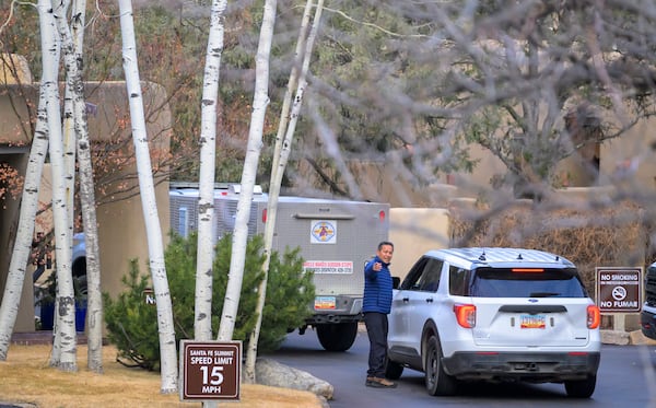 Santa Fe County Sheriff deputies arrive at the Santa Fe Summit gated community where actor Gene Hackman and his wife Betsy Arakawa passed away were earlier found dead, Thursday, Feb. 27, 2025 in Santa Fe, N.M. (AP Photo/Roberto E. Rosales)