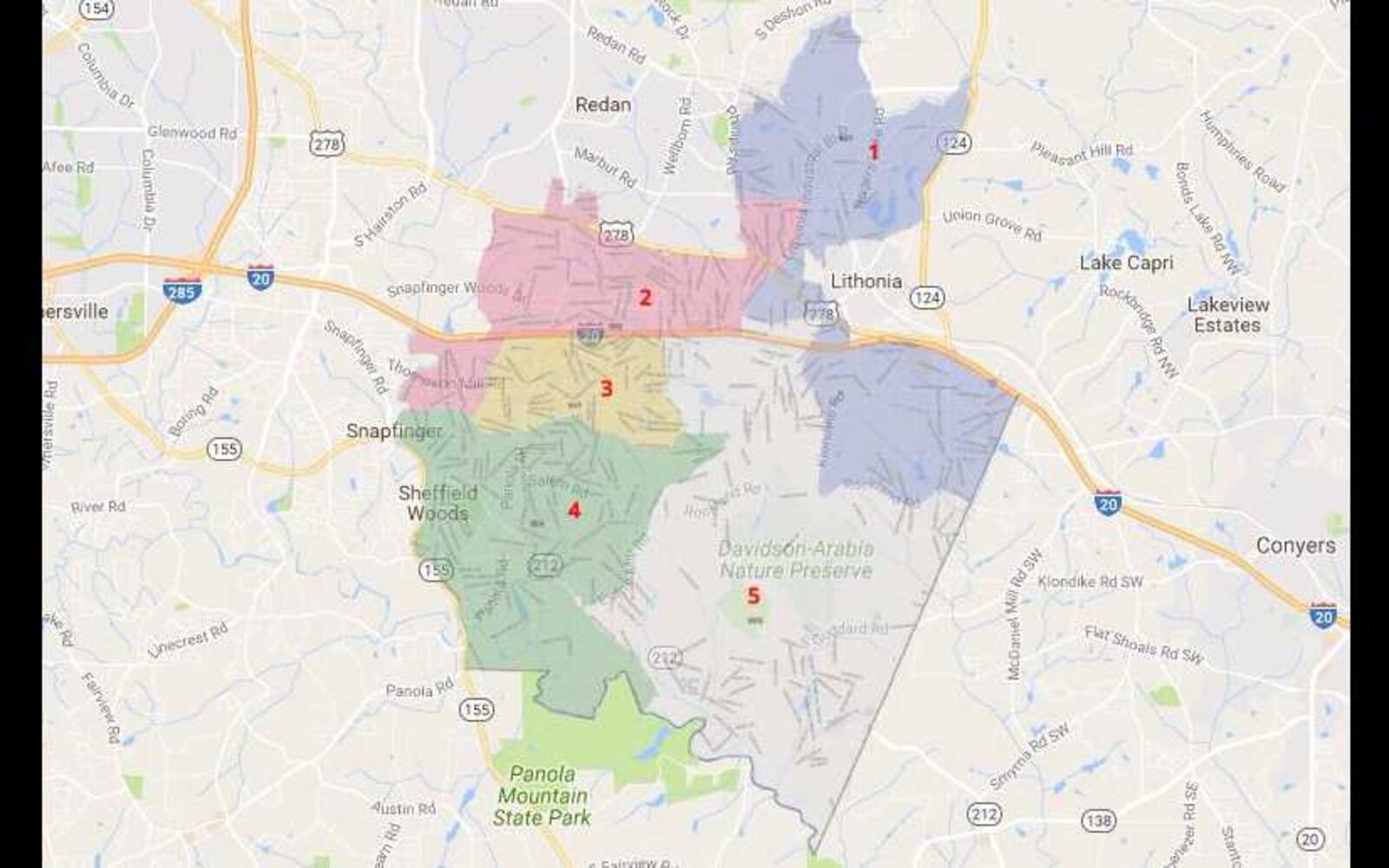 The existing map for the city of Stonecrest's five districts. State legislators are considering a bill that redraws districts so that they don't cross I-20.