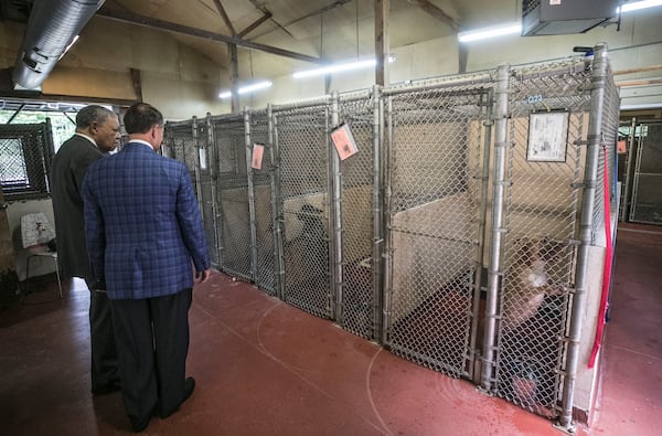 Fulton County Chairman Robb Pitts (left) and County Manager Dick Anderson get a tour of the Fulton County animal shelter last month. (Photo: Bob Andres / bandres@ajc.com)