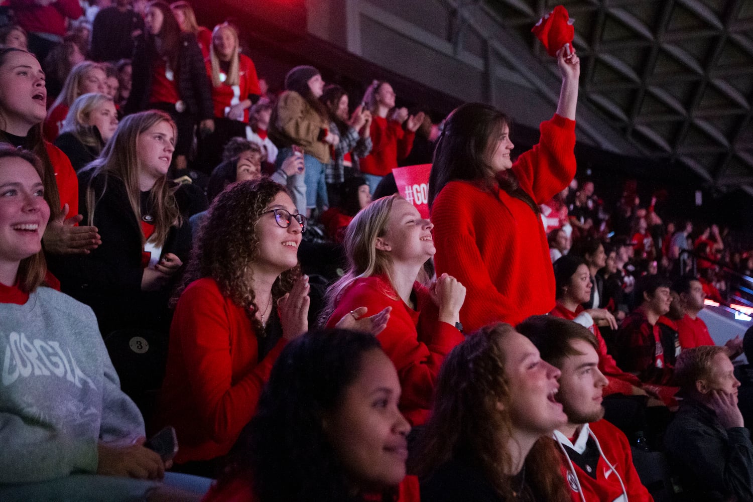 University of Georgia fans watch the College Football Championship on Monday, January 9, 2023, at Stegeman Coliseum in Athens, Georgia. The University of Georgia defeated the Texas Christian University football team 65-7. CHRISTINA MATACOTTA FOR THE ATLANTA JOURNAL-CONSTITUTION.