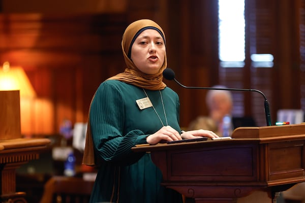 Rep. Ruwa Romman, D-Duluth, speaks in opposition of House Resolution 1019 on Day 20 of the legislative session at the Georgia State Capitol on Tuesday, Feb. 13, 2024. The legislation would  support increased protections for the U.S. border. (Natrice Miller / Natrice.miller@ajc.com)