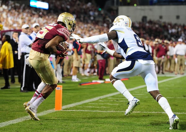 ATLANTA, GA - OCTOBER 24: Travis Rudolph #15 of the Florida State Seminoles makes a catch in the end zone against Step Durham #8 of the Georgia Tech Yellow Jackets but was ruled out of bounds on October 24, 2015 at Bobby Dodd Stadium in Atlanta, Georgia. Photo by Scott Cunningham/Getty Images)