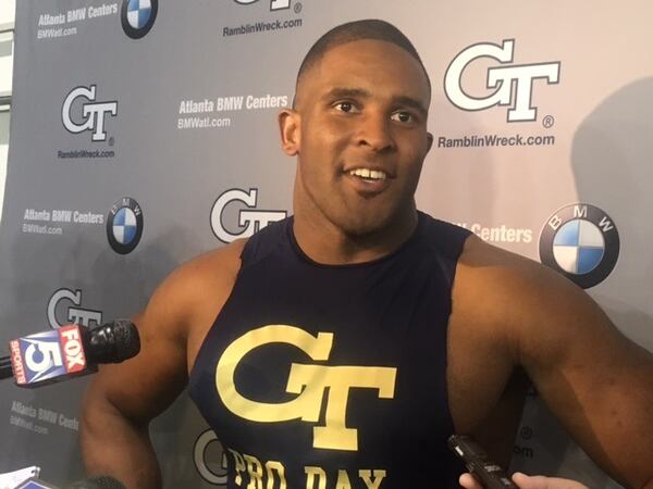 A much lighter and faster Synjyn Days participated at Georgia Tech's Pro Day. He was in camp with the Dallas Cowboys last season. (D. Orlando Ledbetter/dledbetter@ajc.com)