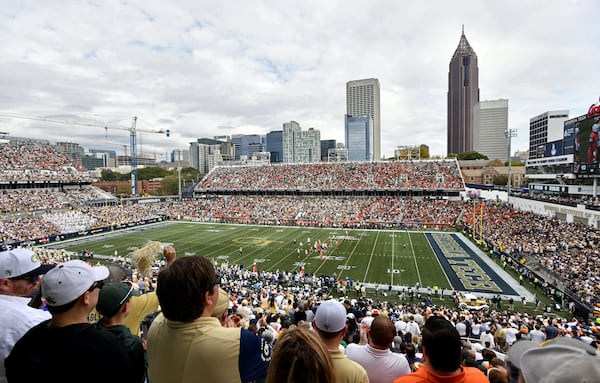 Football fans watch during the first half of an NCAA college football game between Georgia Tech and Miami at Georgia Tech's Bobby Dodd Stadium, Saturday, November 9, 2024, in Atlanta. Georgia Tech won 28-23 over Miami. (Hyosub Shin / AJC)