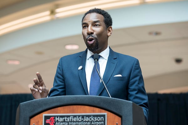 04/08/2019 -- Atlanta, Georgia -- Atlanta City Council member Andre Dickens speaks during a tribute to Congressman John Lewis in the atrium of the domestic terminal at Atlanta's Hartsfield Jackson International Airport, Monday, April 8, 2019. The art exhibit "John Lewis-Good Trouble" was unveiled Monday with historical artifacts, audio and visual installations and tributes to the congressman.  