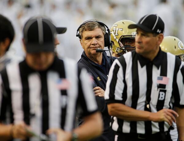 Georgia Tech head coach Paul Johnson looks on during the third quarter of an NCAA college football game against North Carolina Saturday, Oct. 3, 2015, in Atlanta. North Carolina won 38-31. (AP Photo/David Goldman)