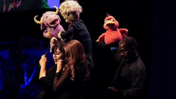 Raymond Carr (right) performs with members of Puppet Up!, the Henson Company’s improv and puppetry troupe. (Courtesy of the Jim Henson Company)