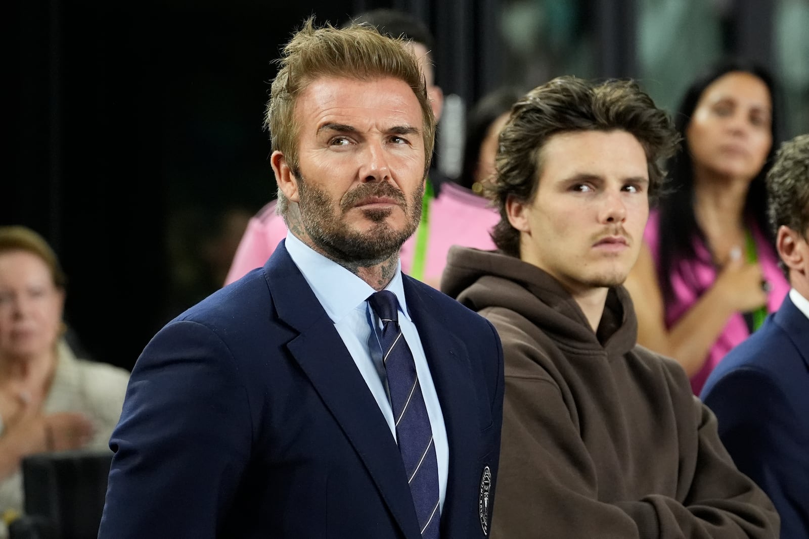 David Beckham stands before the start of an MLS playoff soccer match against Atlanta United, Friday, Oct. 25, 2024, in Fort Lauderdale, Fla. (AP Photo/Lynne Sladky)