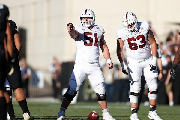 Stanford Cardinal center Drew Dalman (51) in the second half of an NCAA college football game Saturday, Nov. 9, 2019, in Boulder, Colo. Colorado won 16-13. (AP Photo/David Zalubowski)