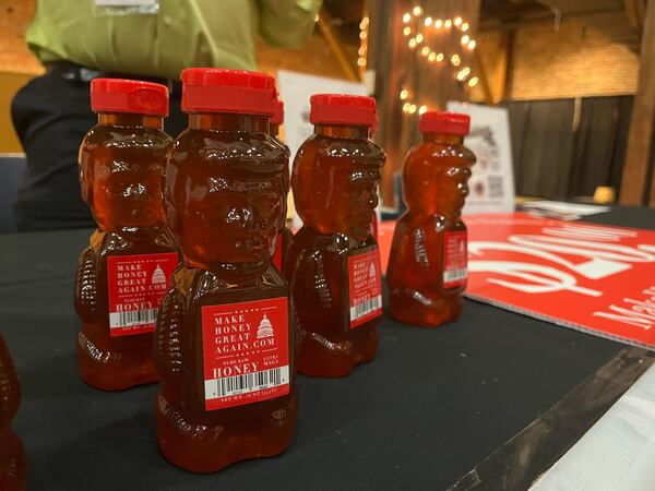 Honey bottles with Donald Trump's face were showcased at the GOP convention in Columbus, Georgia, on Saturday, June 10, 2023.