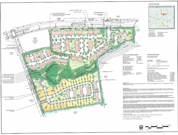 The proposed development at the corner of Loganville Highway and Hoke O'Kelly Mill Road would add 276 apartment units, 87 townhomes and 36 single-family homes. (Courtesy of Gwinnett County)