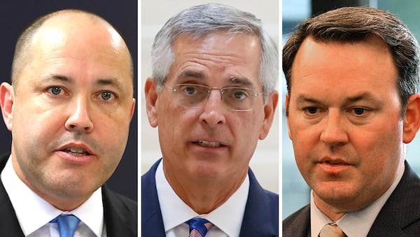 Georgia Attorney General Chris Carr (left),  Secretary of State Brad Raffensperger (center) and Lt. Gov. Burt Jones could all be seeking new jobs in the 2026 election. AJC photos