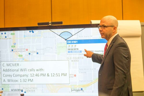 03/10/2018 -- Atlanta, GA - FBI Special Agent Chad Fitzgerald, a member of the agencies cellular analysis team, identifies call made by Claud "Tex" McIver in September of 2016 during the seventeenth day of the Tex McIver trial before Fulton County Chief Judge Robert McBurney on Tuesday, March 10, 2018. ALYSSA POINTER/ALYSSA.POINTER@AJC.COM