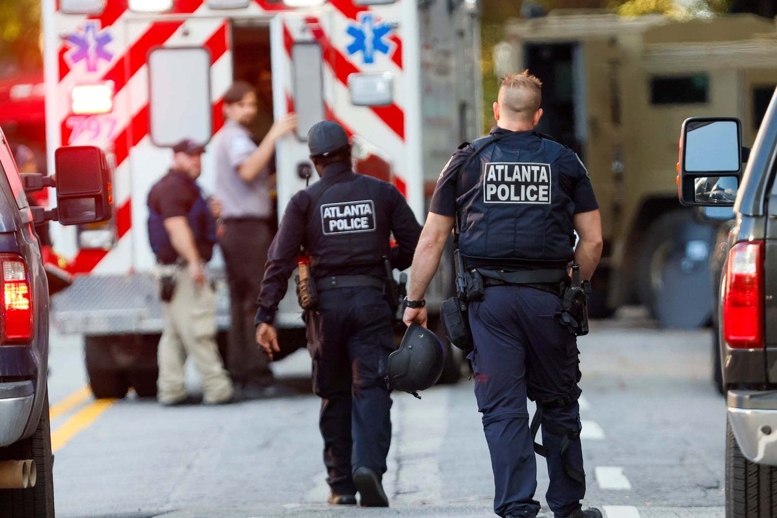 Police were present outside the Four Seasons Hotel after gunshots were reported on 14th Street in Midtown Atlanta, where a suspect was taken into custody Tuesday, Oct. 29, 2024 (Miguel Martinez/Atlanta Journal-Constitution via AP)