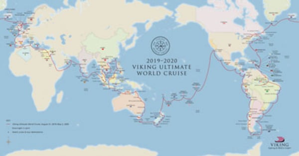 A map of the world-wide cruise offered by Viking Cruises.