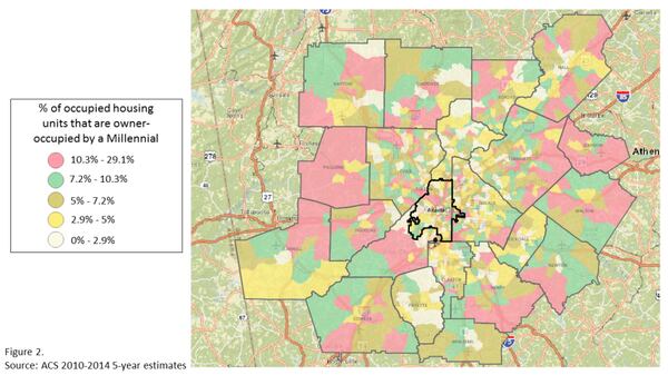 This map shows the percentage of occupied housing units that are owned by millennials.