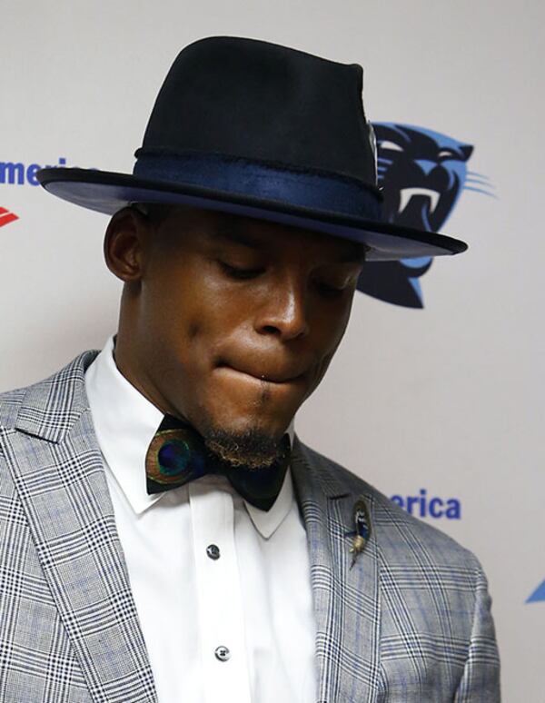 Carolina Panthers quarterback Cam Newton participates in a post game press conference after a game against the New Orleans Saints in New Orleans, Sunday, Oct. 16, 2016.