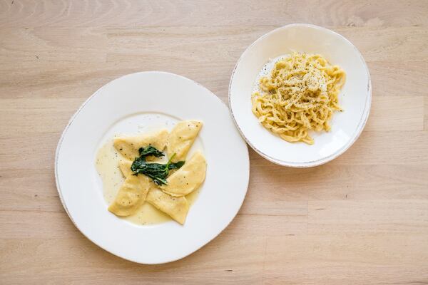 St. Cecilia Kitchen Artichoke Ravioli and Cacio e Pepe by Chef Craig Richards. MIA YAKEL