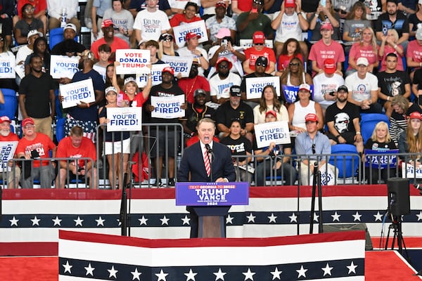 Former U.S. Sen. David Perdue spoke at a rally for Donald Trump in Atlanta in August.