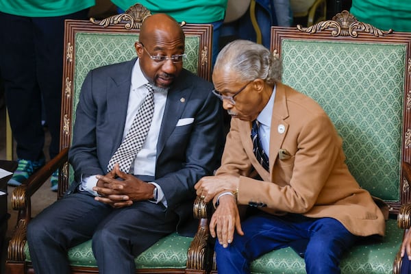 U.S. Senator Raphael Warnock and Rev. Al Sharpton speak during a morning service at Tabernacle Baptist Church on Sunday, March 9, 2025, in Selma, Alabama, as part of the events commemorating the 60th anniversary of Bloody Sunday. (Miguel Martinez/ AJC)
(Miguel Martinez/ AJC)