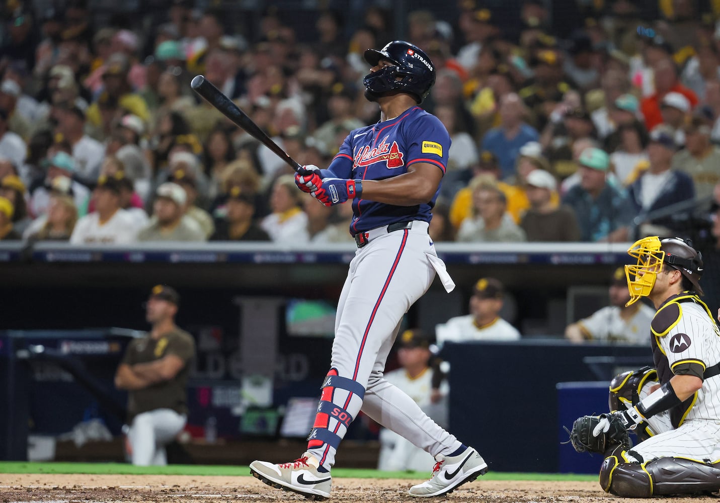 Atlanta Braves’ Jorge Soler hits a solo homer against the San Diego Padres during the fifth inning of National League Division Series Wild Card Game Two at Petco Park in San Diego on Wednesday, Oct. 2, 2024.   (Jason Getz / Jason.Getz@ajc.com)