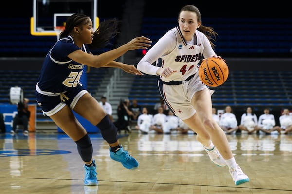 Richmond forward Maggie Doogan (44) drives against Georgia Tech guard Kara Dunn (25) during the first half in the first round of the NCAA college basketball tournament, Friday, March 21, 2025, in Los Angeles. (AP Photo/Jessie Alcheh)