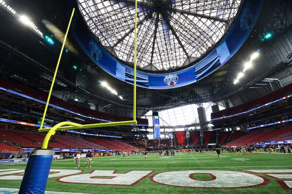 General view of the field before the NCAA football game between Georgia and Clemson at Mercedes-Benz Stadium, on Saturday, Aug. 31, 2024, in Atlanta. Jason Getz/AJC 2024
