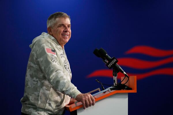 Denver Broncos head coach Sean Payton talks during a news conference following an NFL football game against the Atlanta Falcons, Sunday, Nov. 17, 2024, in Denver (AP Photo/Jack Dempsey)