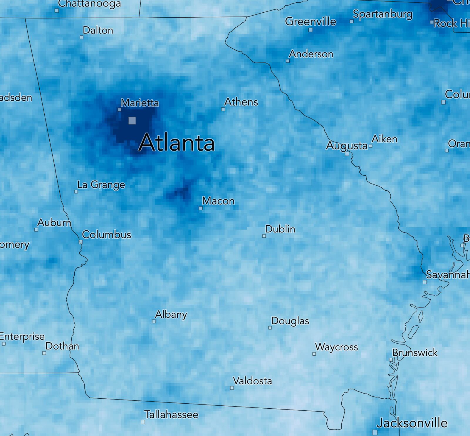 A satellite image shows levels of NO2 in the metro Atlanta area from March 11 - 31, 2019. Credit: Descartes Labs