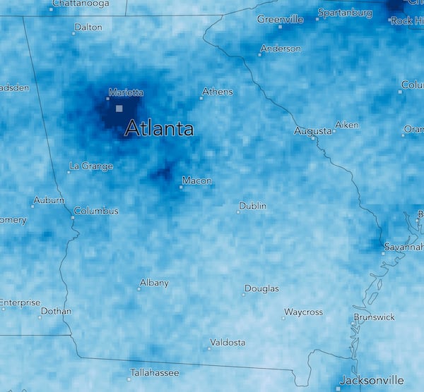 A satellite image shows levels of NO2 in the metro Atlanta area from March 11 - 31, 2019. Credit: Descartes Labs