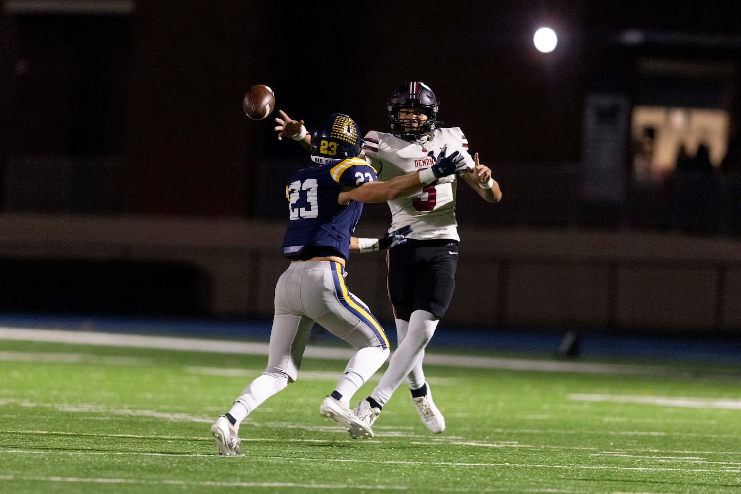 Warner Robins quarterback Skyler Williams (3) throws the ball during a NCAA High School football game between Marist and Warner Robins at Marist High School in Atlanta, GA., on Friday, November 15, 2024. (Photo/Jenn Finch, AJC)