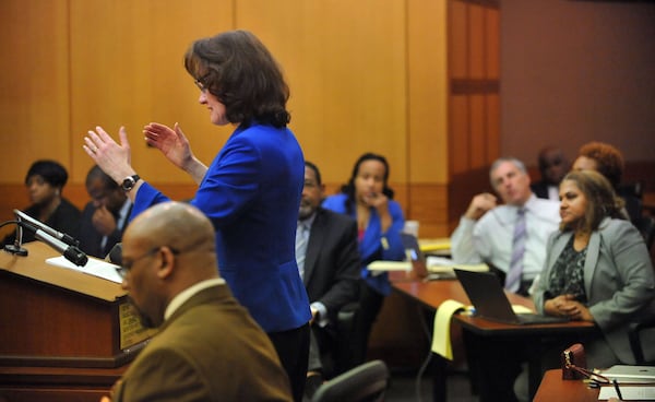 Fulton County Deputy DA Linda Dunikoski presents an argument to Fulton County Superior Court Judge Jerry Baxter as he responds to a question from the jury about the indictment against former APS regional director Sharon Davis-Williams during their deliberations in the Atlanta Public Schools test-cheating trial on Thursday, March 19. (Atlanta Journal-Constitution, Kent D. Johnson, Pool)