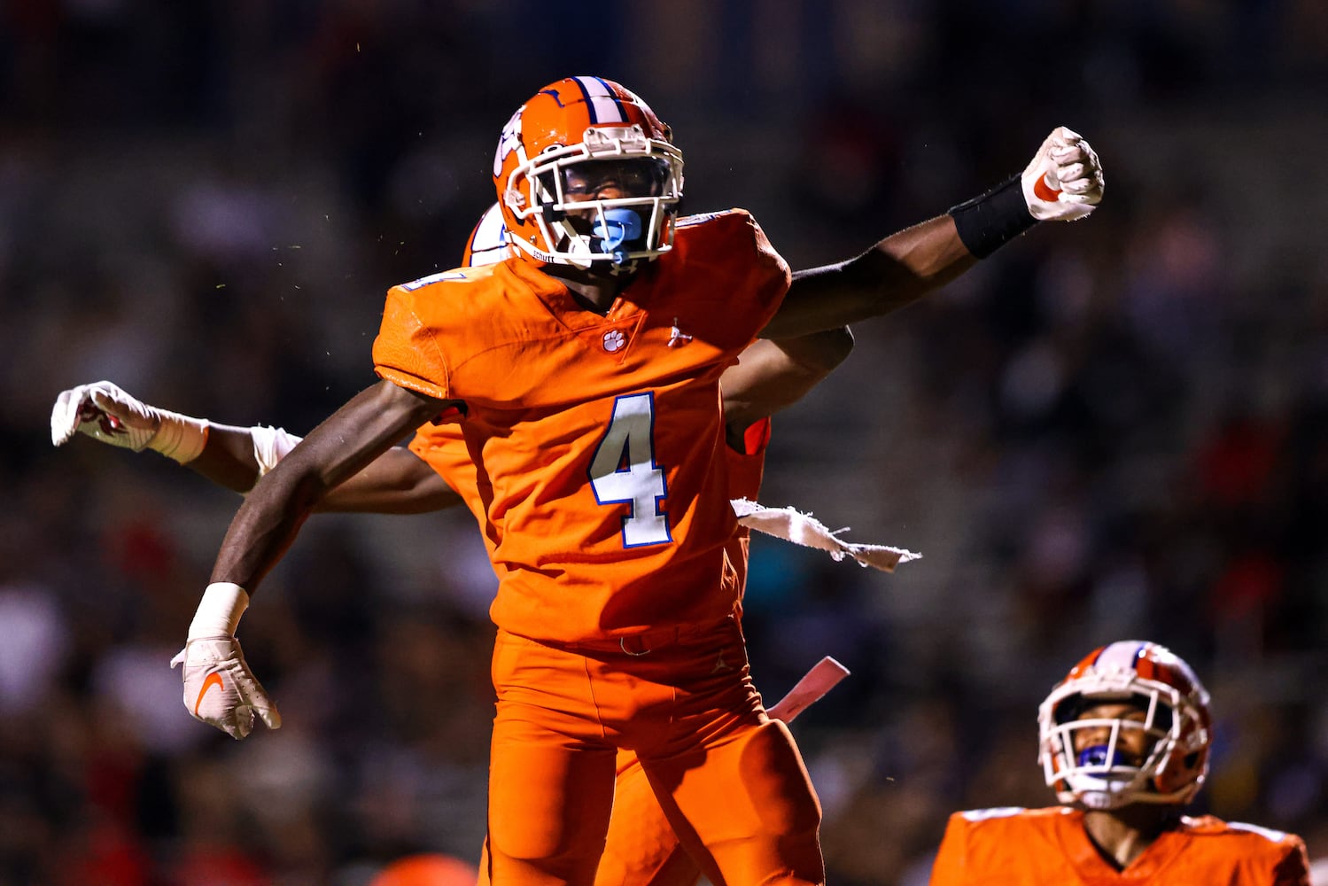 Parkview wide receiver Mike Matthews (4) celebrates with teammates after a touchdown during a GHSA 7A high school football game between the North Gwinnett Bulldogs and the Parkview Panthers at Parkview High School in Lilburn, Ga., on Friday, Sept. 3, 2021. (Casey Sykes for The Atlanta Journal-Constitution)