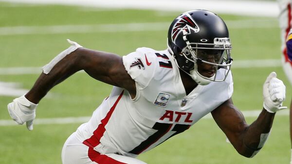 Atlanta Falcons wide receiver Julio Jones (11) plays against the Minnesota Vikings during the first half of an NFL football game, Sunday, Oct. 18, 2020, in Minneapolis. (AP Photo/Bruce Kluckhohn)