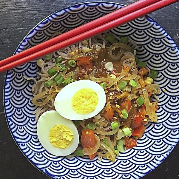 Buckwheat udon noodles are flavored with curry powder and garam masala.
(Gretchen McKay/Pittsburgh Post-Gazette/TNS)