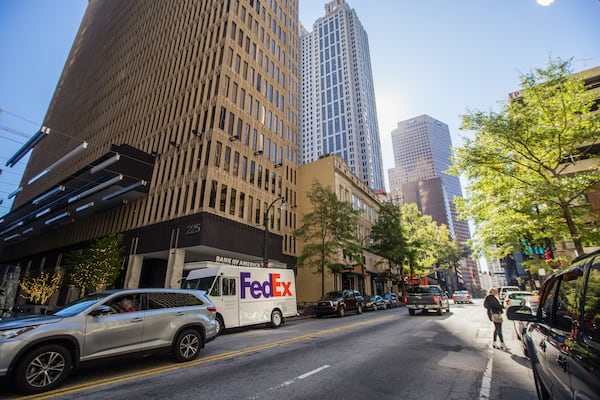 A Peachtree Center high-rise on Peachtree Street on Friday, November 21, 2020.  (Jenni Girtman for The Atlanta Journal-Constitution)