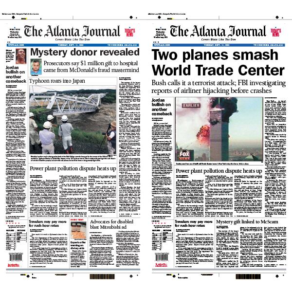 The original Sept. 11, 2001, Journal front page vs. the first replate edition detailing early reports of the World Trade Center attacks. AJC PRINT ARCHIVES