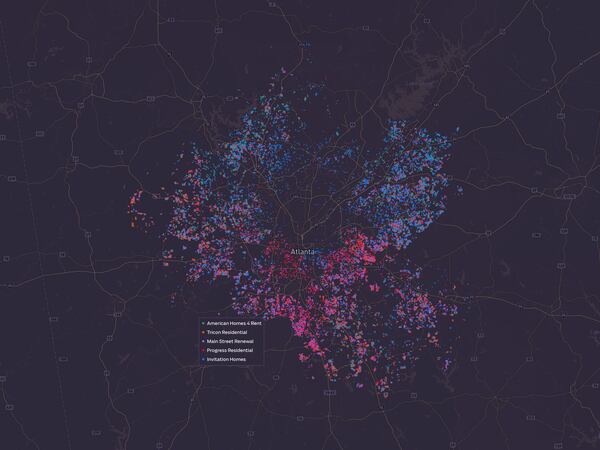 The Journal-Constitution's analysis in early 2023 found that more than 65,000 single-family homes were owned by investors. This map shows where some of the largest investors owned homes.