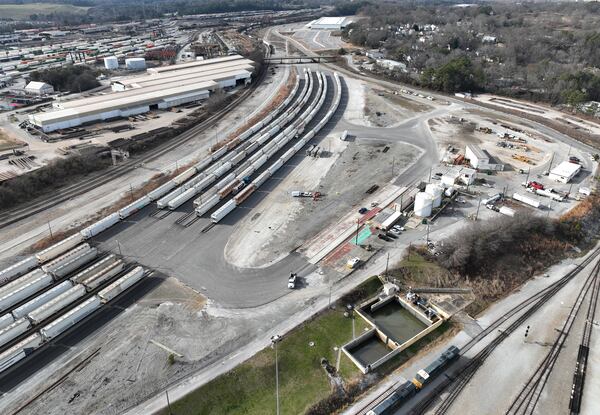 Aerial photograph shows Tilford Yard where Edged Atlanta’s Tilford Yard location will be located, Friday, Jan. 5, 2024, in Atlanta. Edged Atlanta at Tilford Yard: 1968 Marietta St. NW, Atlanta. (Hyosub Shin / Hyosub.Shin@ajc.com)